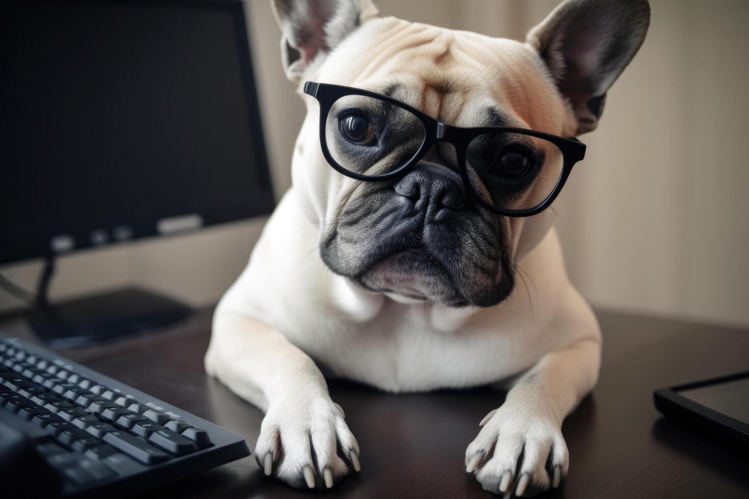 Cute French bulldog with eyeglasses and computer at home photo