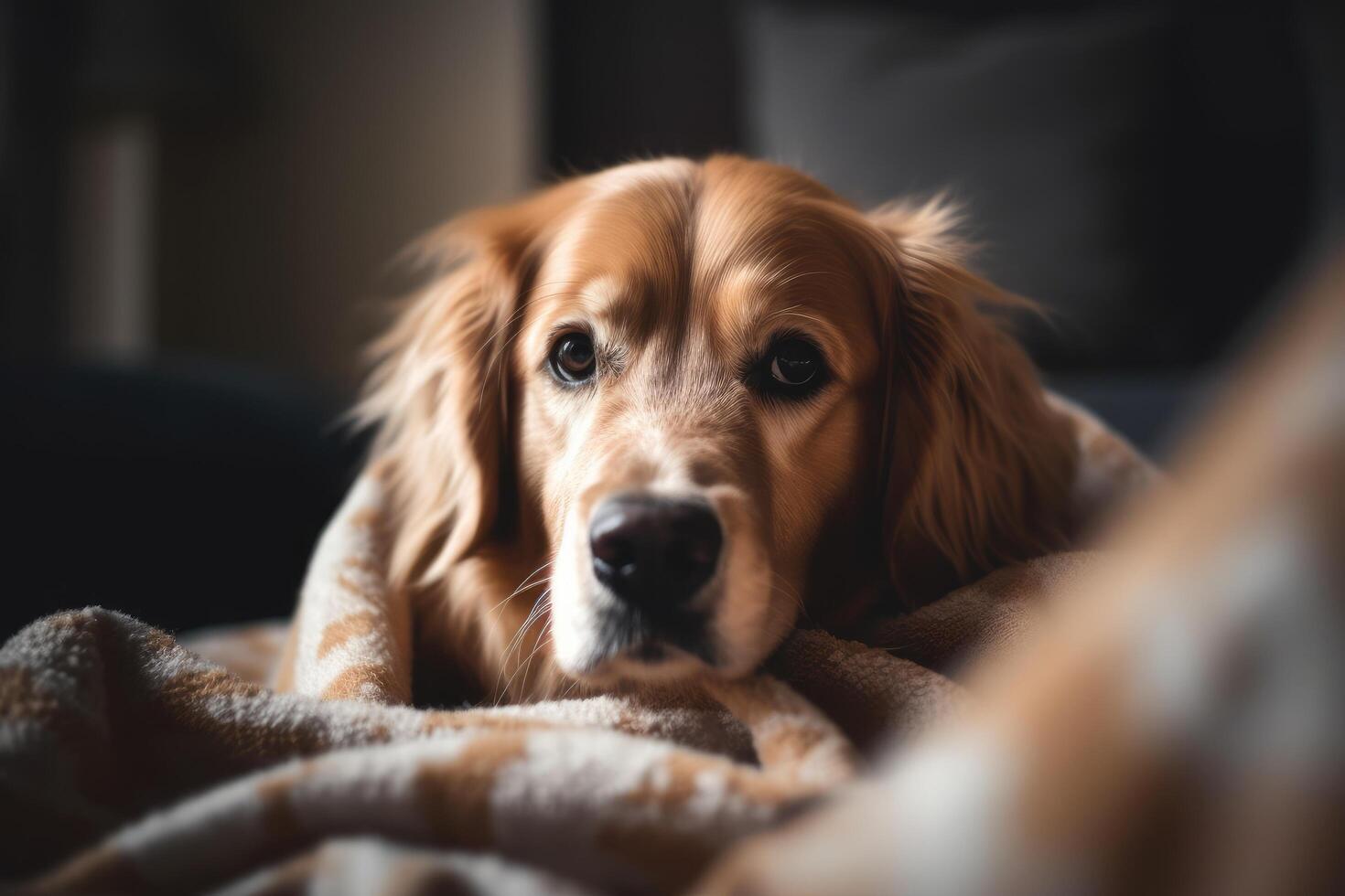 Cute dog under plaid on sofa at home, closeup photo