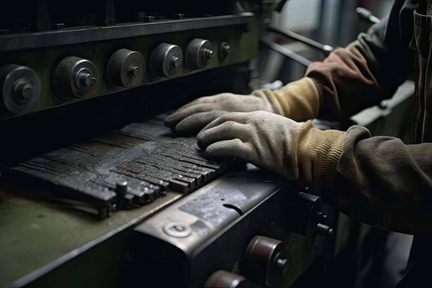 Worker working on lathe machine in factory, closeup. A closeup view of factory laborer hands in action, photo
