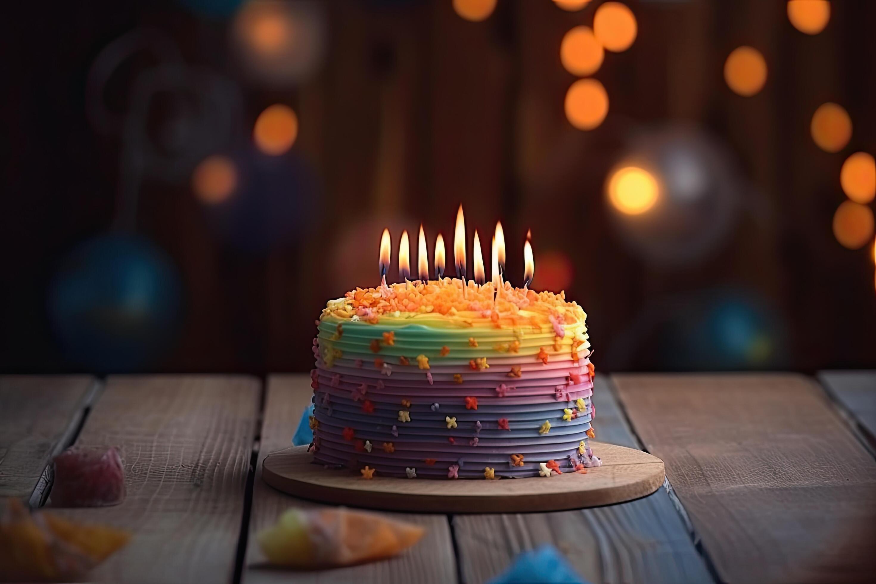 Birthday cake with burning candle on wooden background with bokeh, A