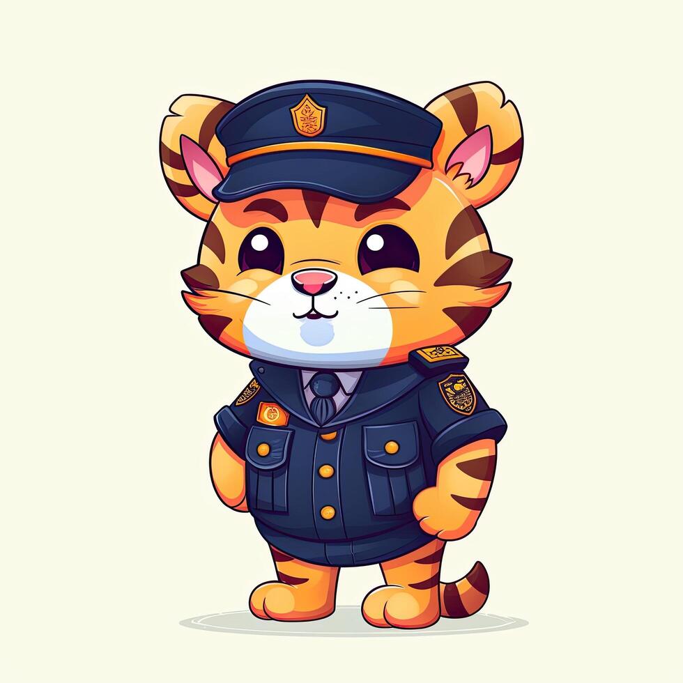 Cartoon characters and tiger cubs with happy faces. Cute tiger cub wearing police dresses. Beautiful tiger police cartoon design on white backgrounds. Baby tiger illustration set. . photo