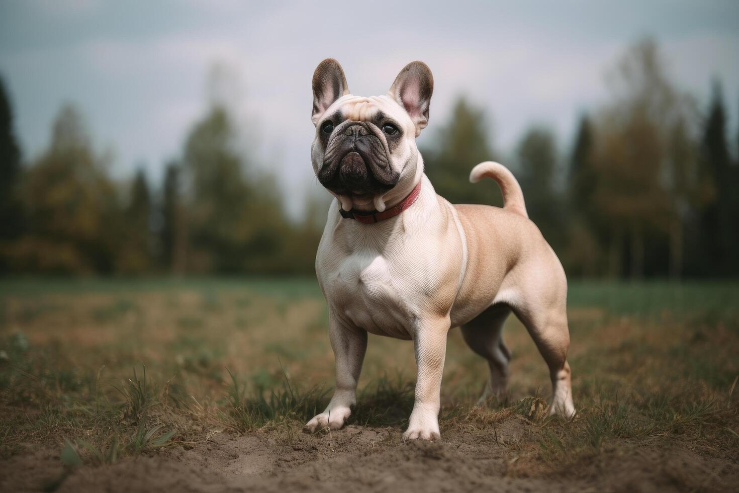 retrato de un hermosa francés buldog en pie en el campo. ai generado foto