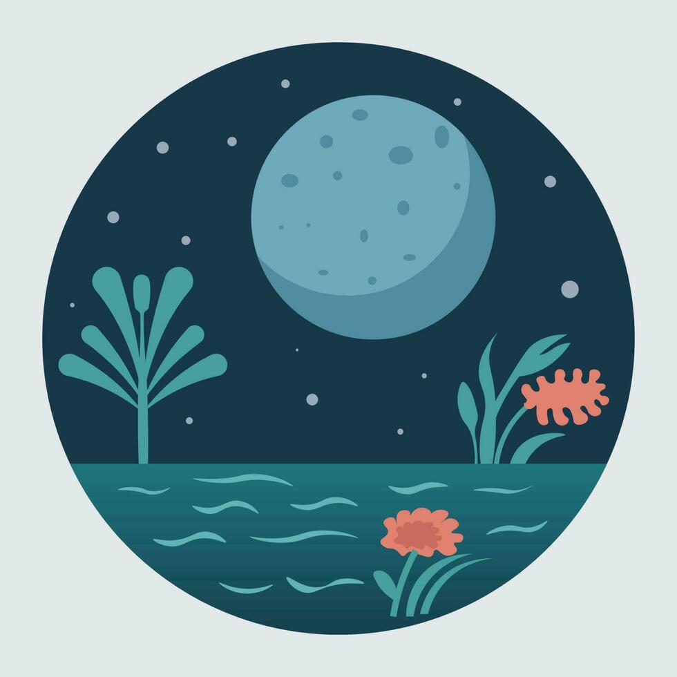 noche paisaje con luna, flores y plantas. vector ilustración en plano estilo.