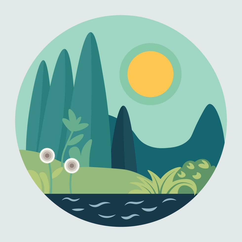 Landscape with lake, mountains and sun. Vector illustration in flat style