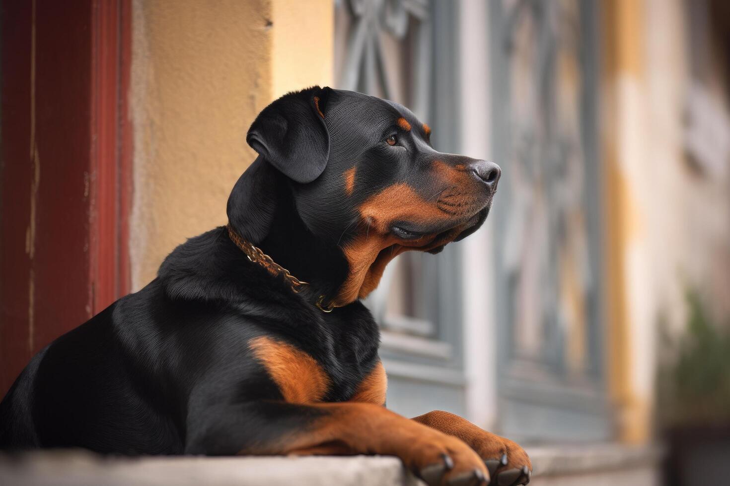 Portrait of a young rottweiler dog. Selective focus. photo