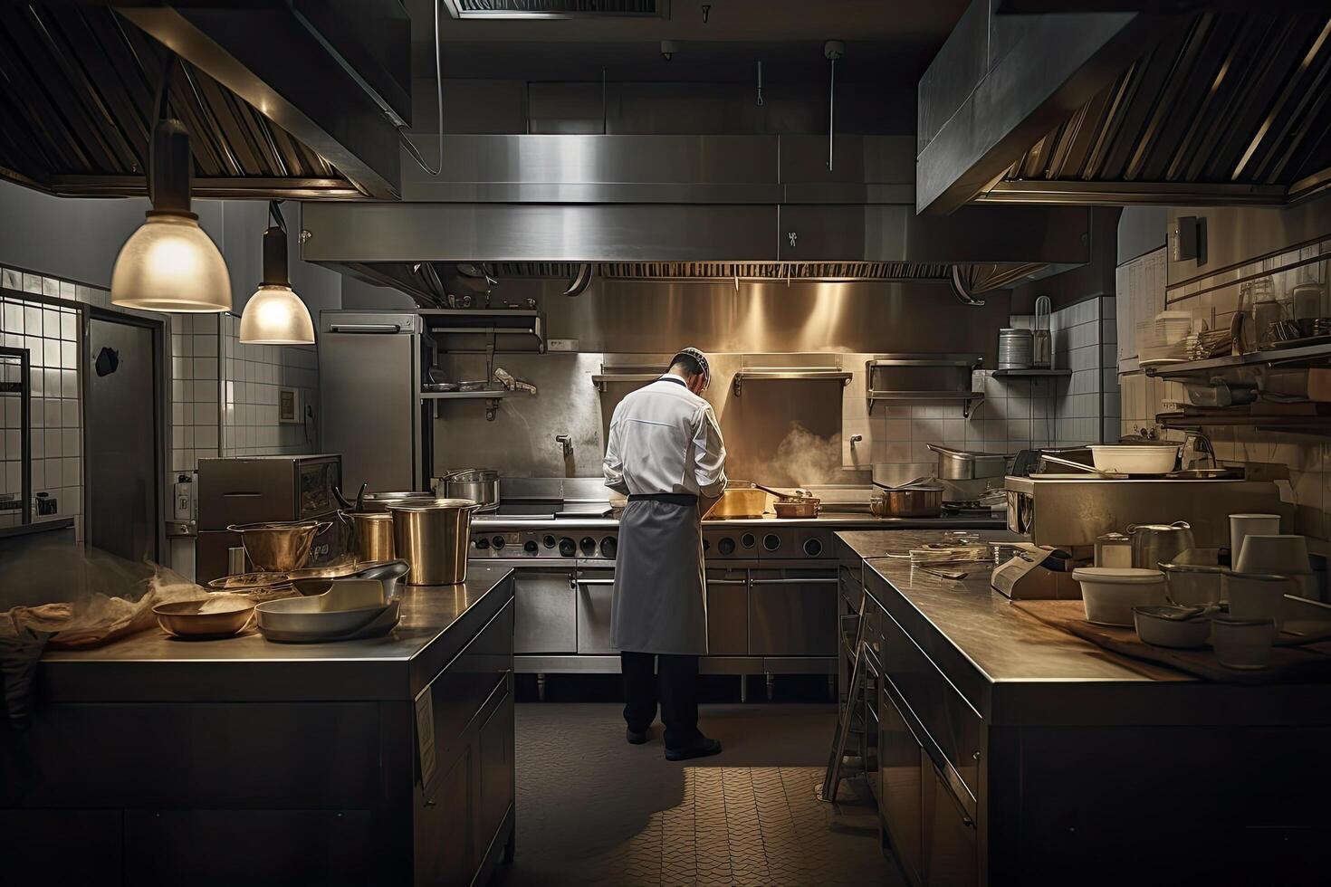Young chef standing in the kitchen of a restaurant and looking at the oven, A chefs full rear view inside a modern kitchen, preparing exquisite dishes. photo