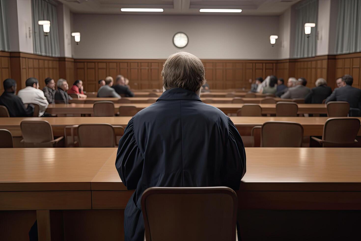 Rear view of a man sitting in front of a group of people in the conference hall, A court attorney lawyer full rear view inside court, photo