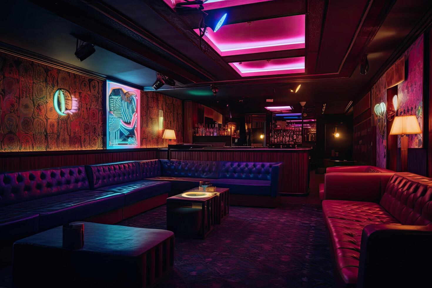 Interior of a night club with bright lights. Night club. A decorated night club with stylish couches and colorful cocktail tables, photo