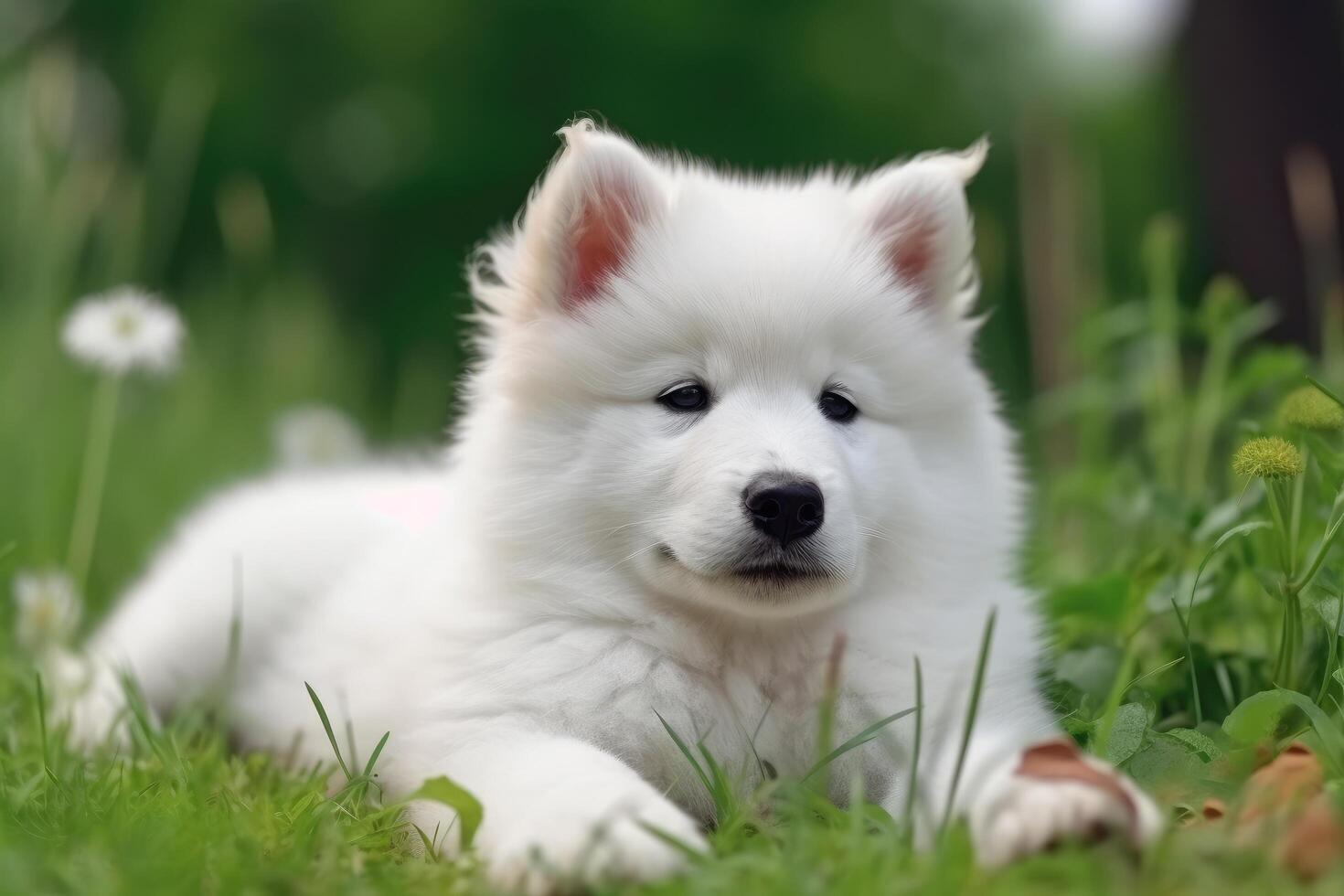 Cute Samoyed puppy lying on the grass in the park photo