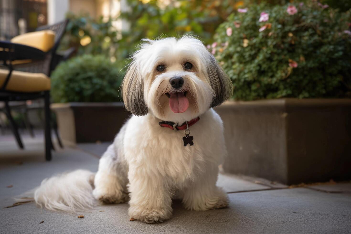 Shih tzu dog sitting on the sidewalk in the city. photo