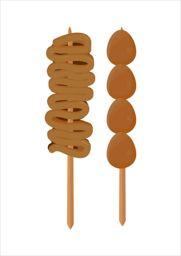 vector illustration of chicken intestine satay and quail egg, typical of angkringan jogja