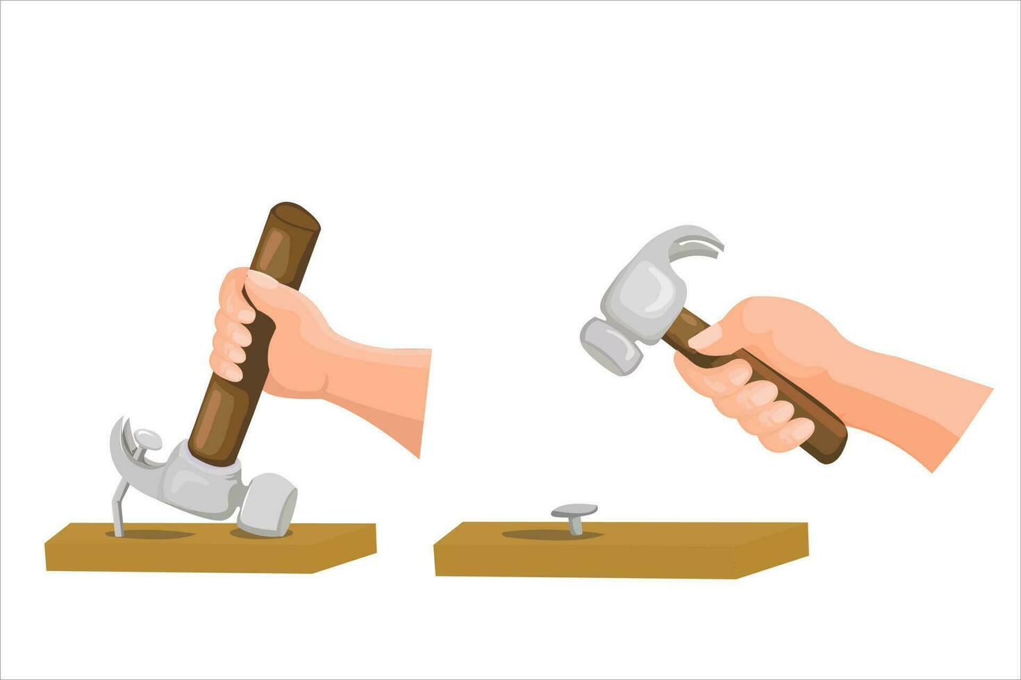 hands holding a hammer, hitting and pulling out nails vector