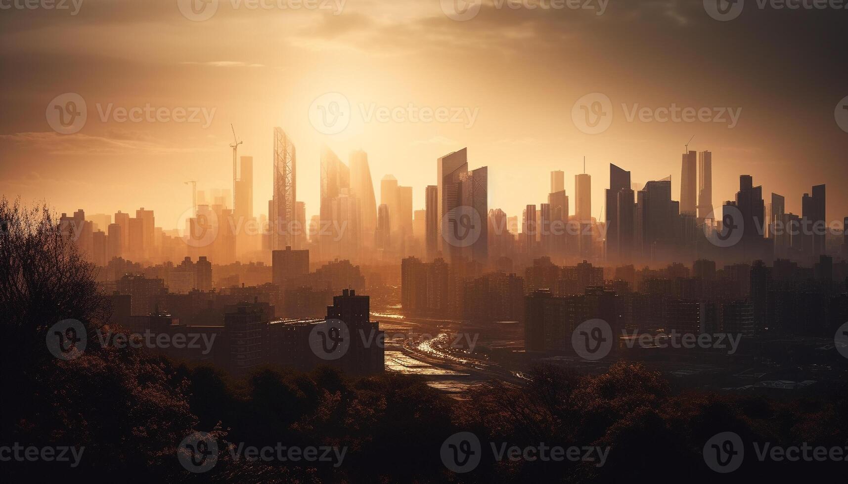 Silhouette of modern skyscrapers, illuminated by multi colored city lights generated by AI photo