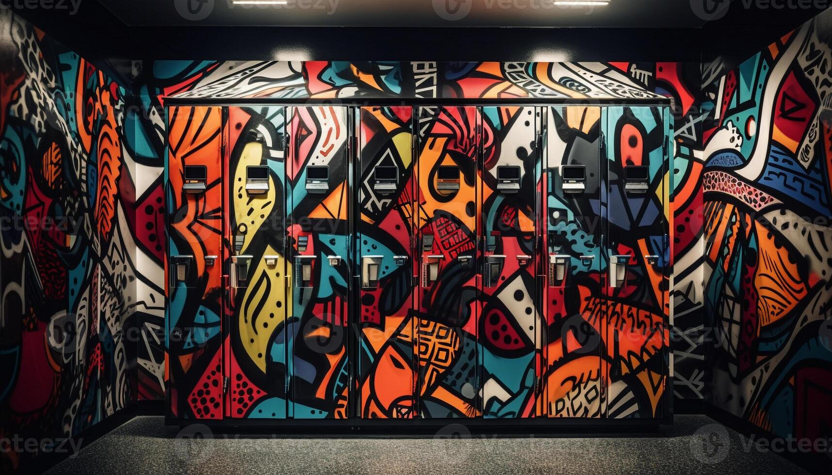 Vibrant graffiti illuminates modern underground subway station in abstract painting generated by AI photo