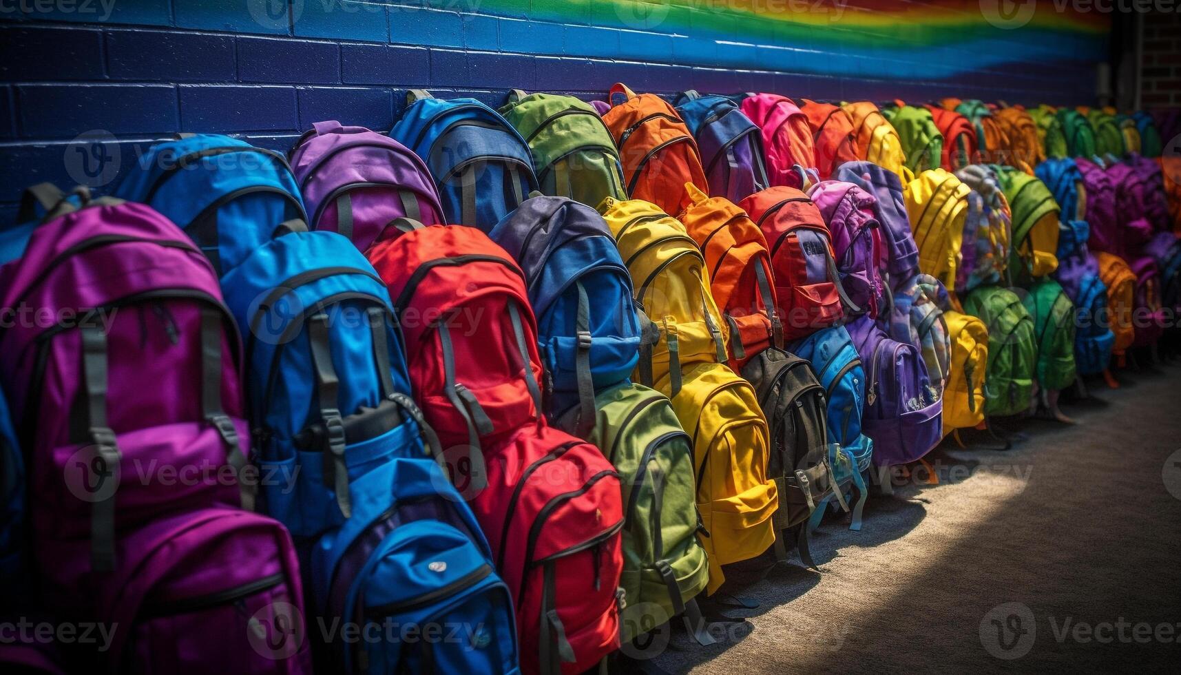 multi de colores mochilas apilado lado por lado, esperando para aventuras generado por ai foto