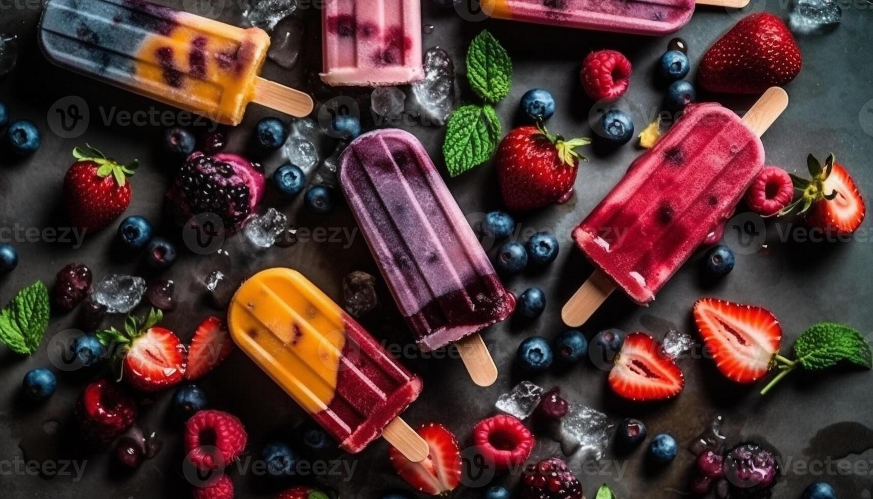 Organic berry sorbet on rustic wood table, indulgent summer treat generated by AI photo