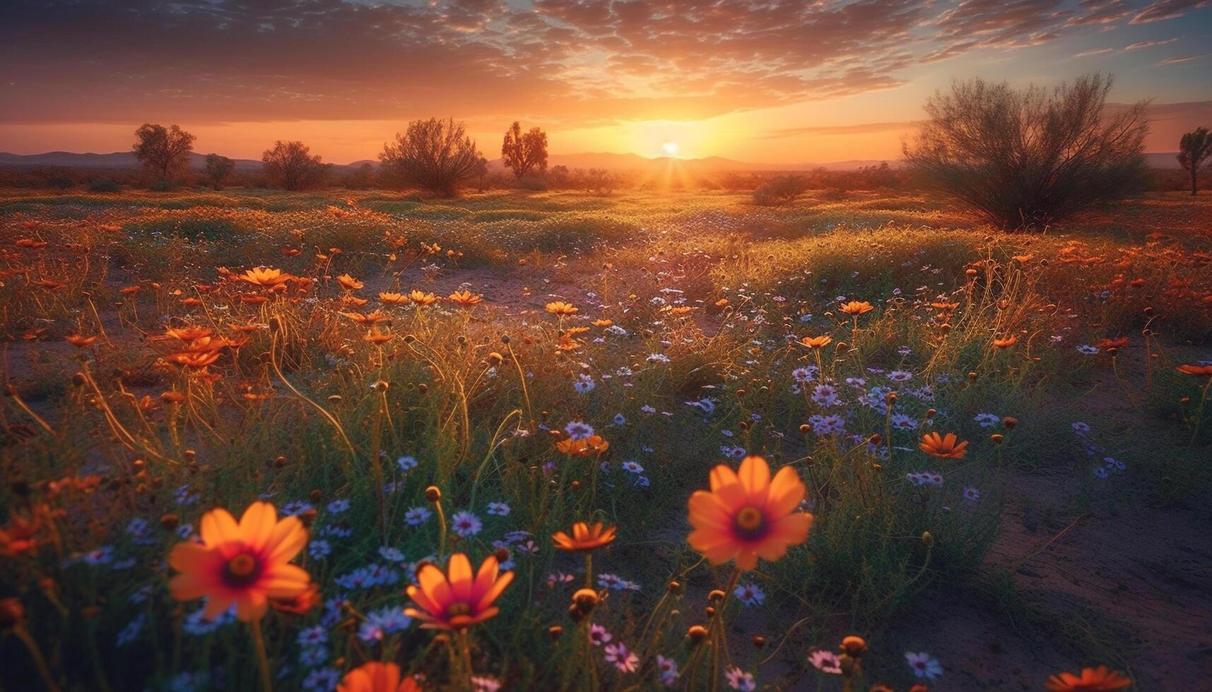 vibrante flores silvestres floración en inculto prado a atardecer, idílico belleza generado por ai foto