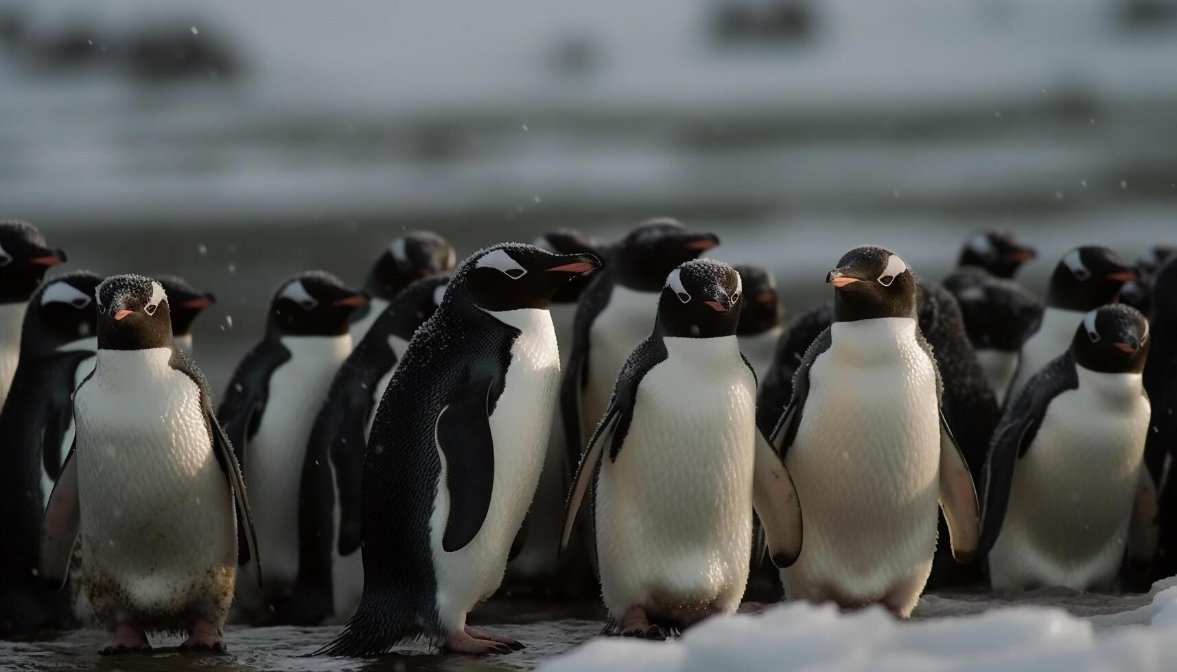 Group of penguins waddling on snow in Antarctic Peninsula generated by AI photo