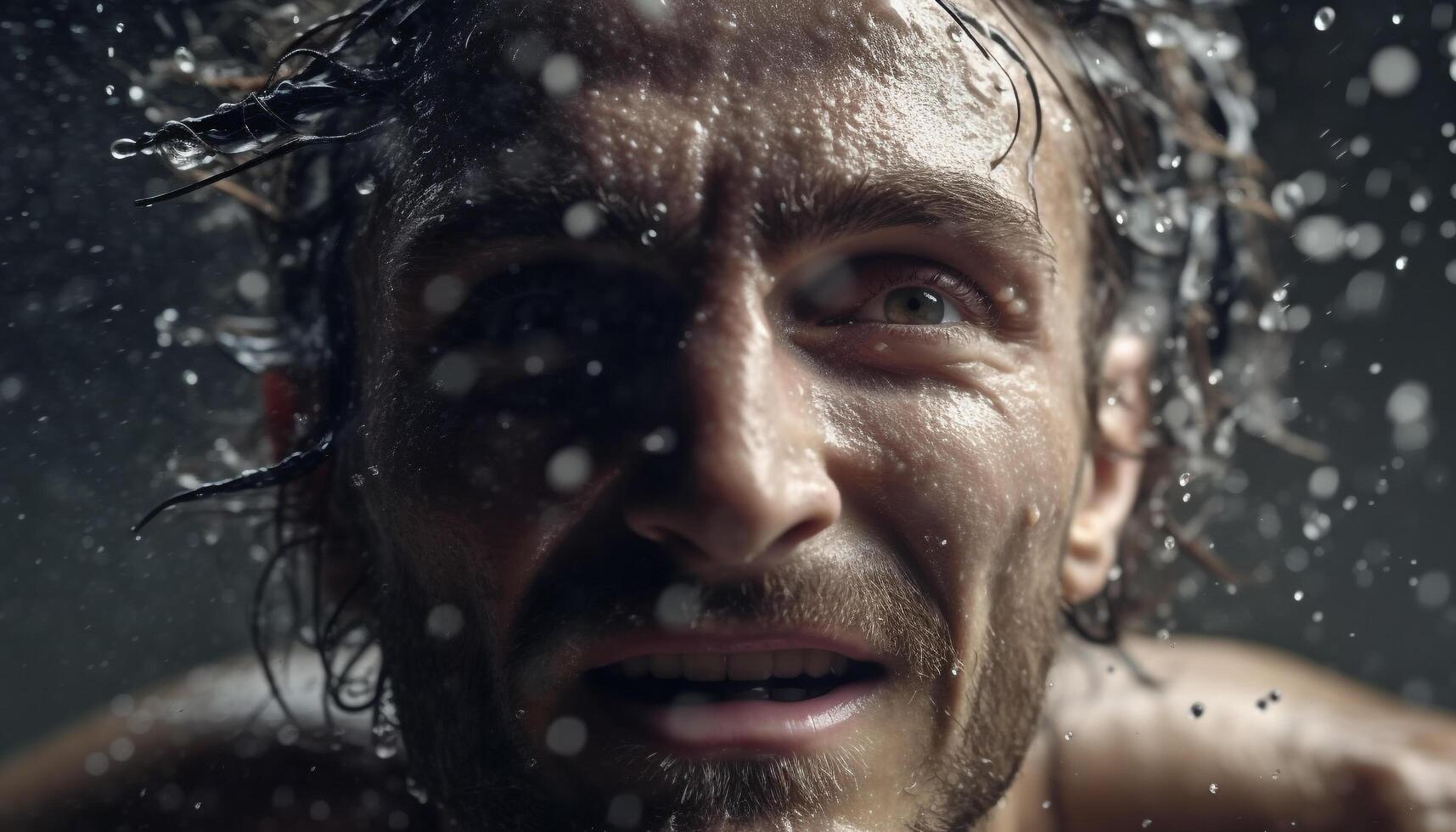 Smiling man enjoys refreshing shower outdoors, surrounded by nature beauty generated by AI photo