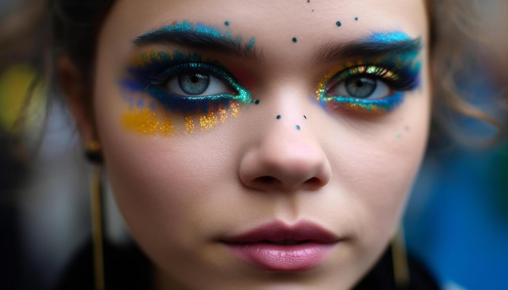 Vibrant beauty young adult colorful eye in futuristic nature fantasy generated by AI photo