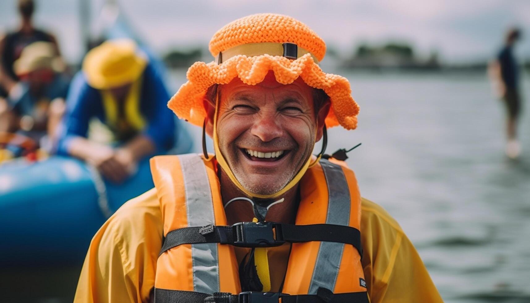 Smiling men enjoy nautical adventure, sailing with excitement and joy generated by AI photo