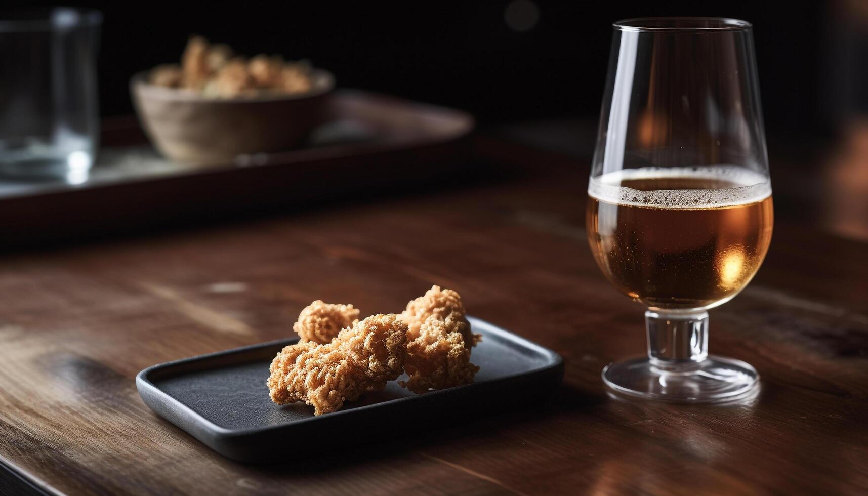 Fried chicken and seafood on a rustic wooden plate generated by AI photo