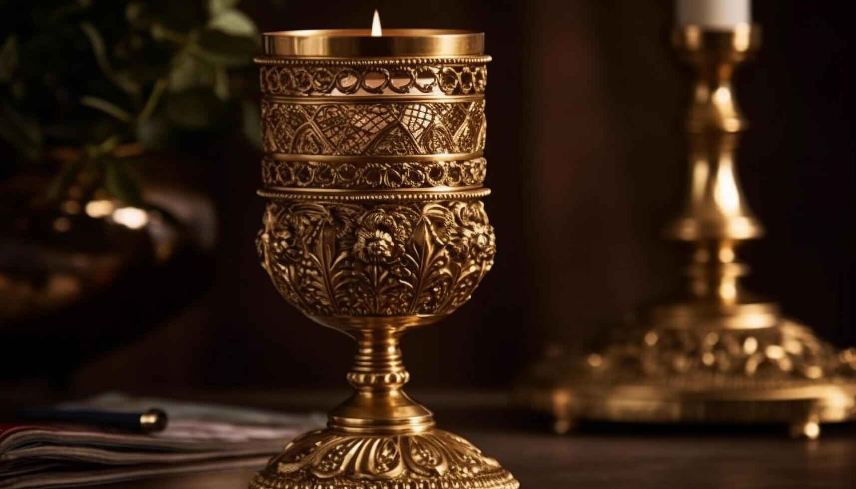 Candlestick holder illuminated by candlelight in traditional ceremony indoors generated by AI photo