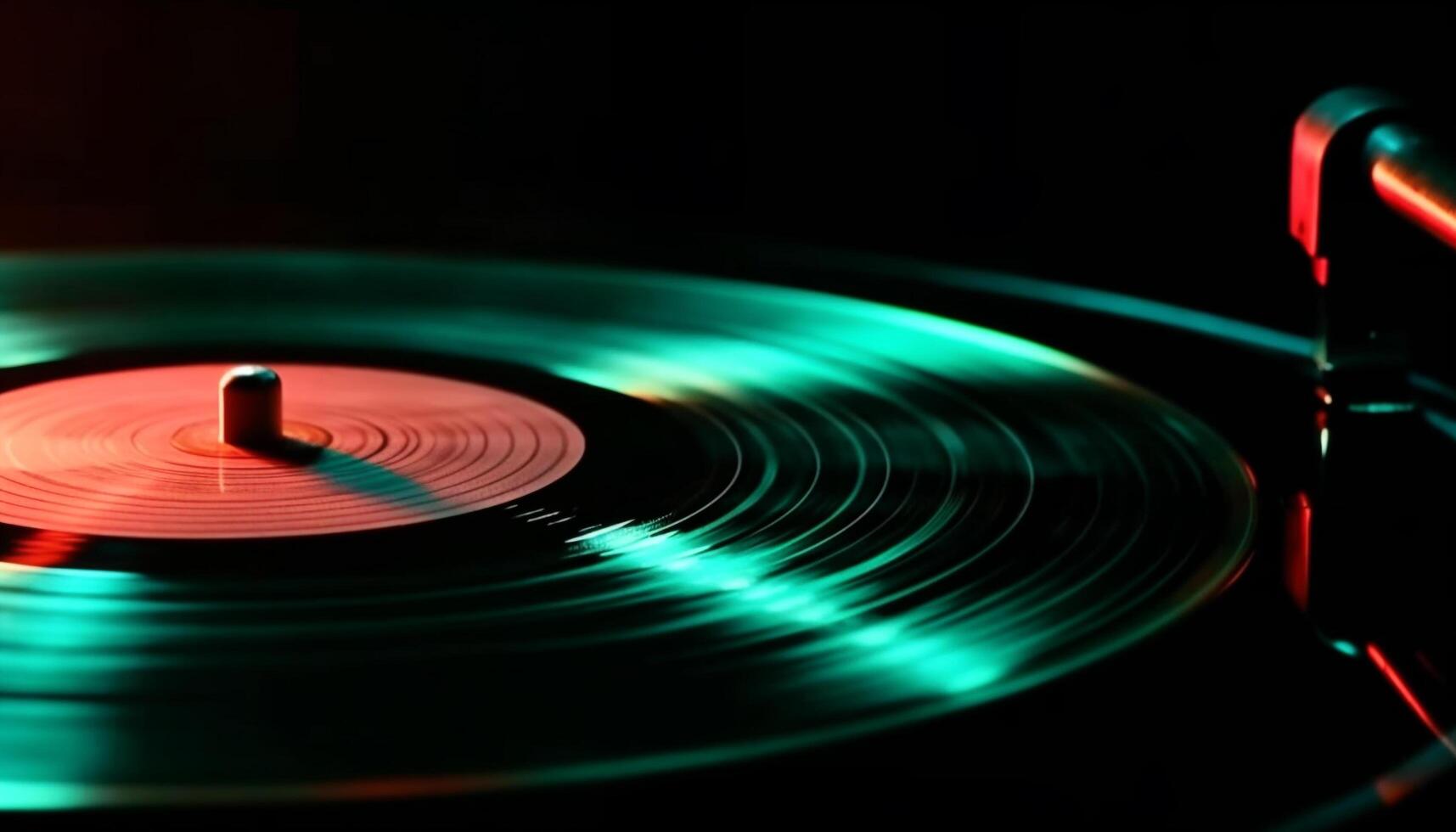 Abstract pattern of multi colored disk spinning on turntable foreground generated by AI photo