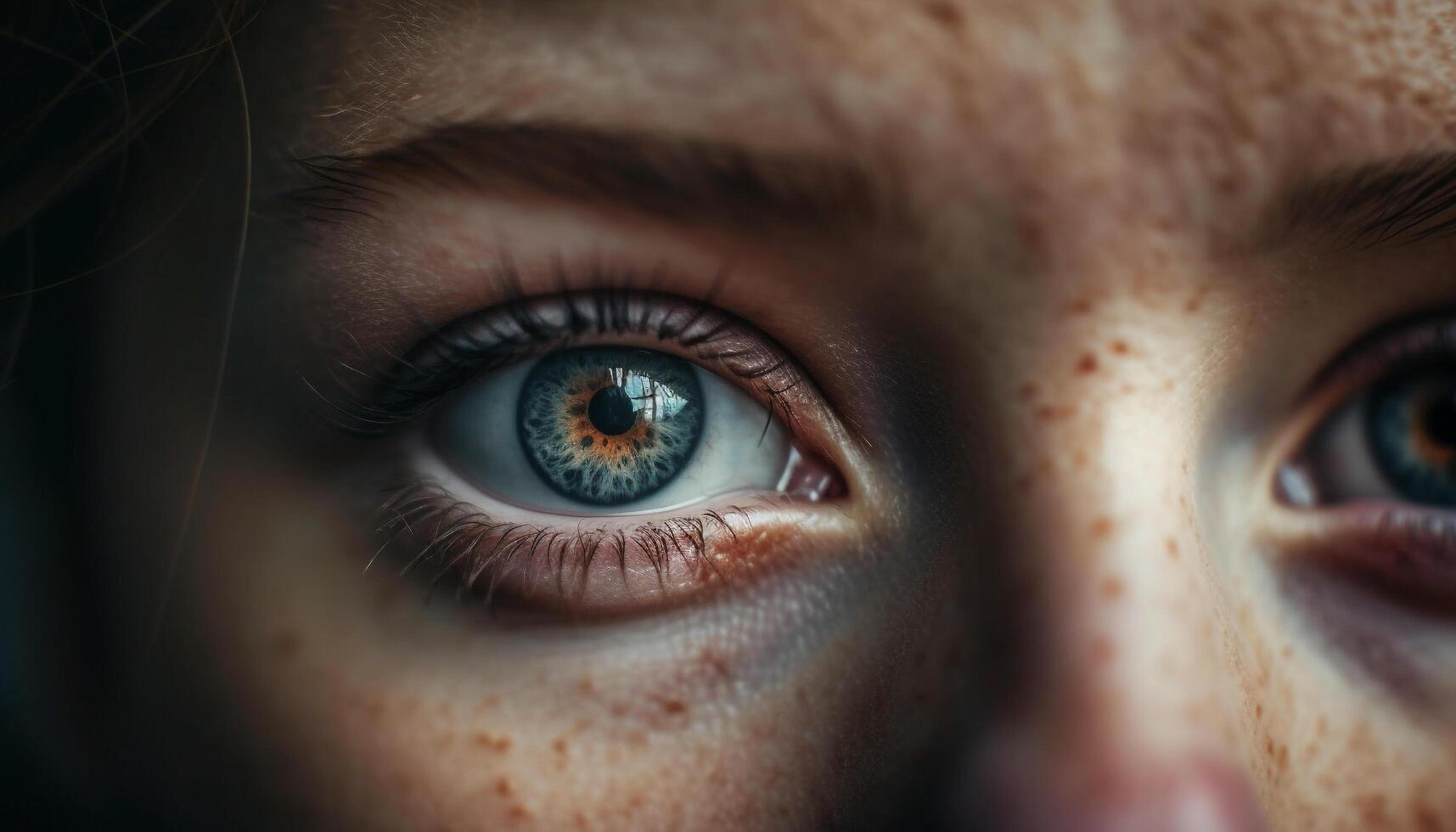 Beautiful blue eyed girl staring at wet animal eye outdoors generated by AI photo