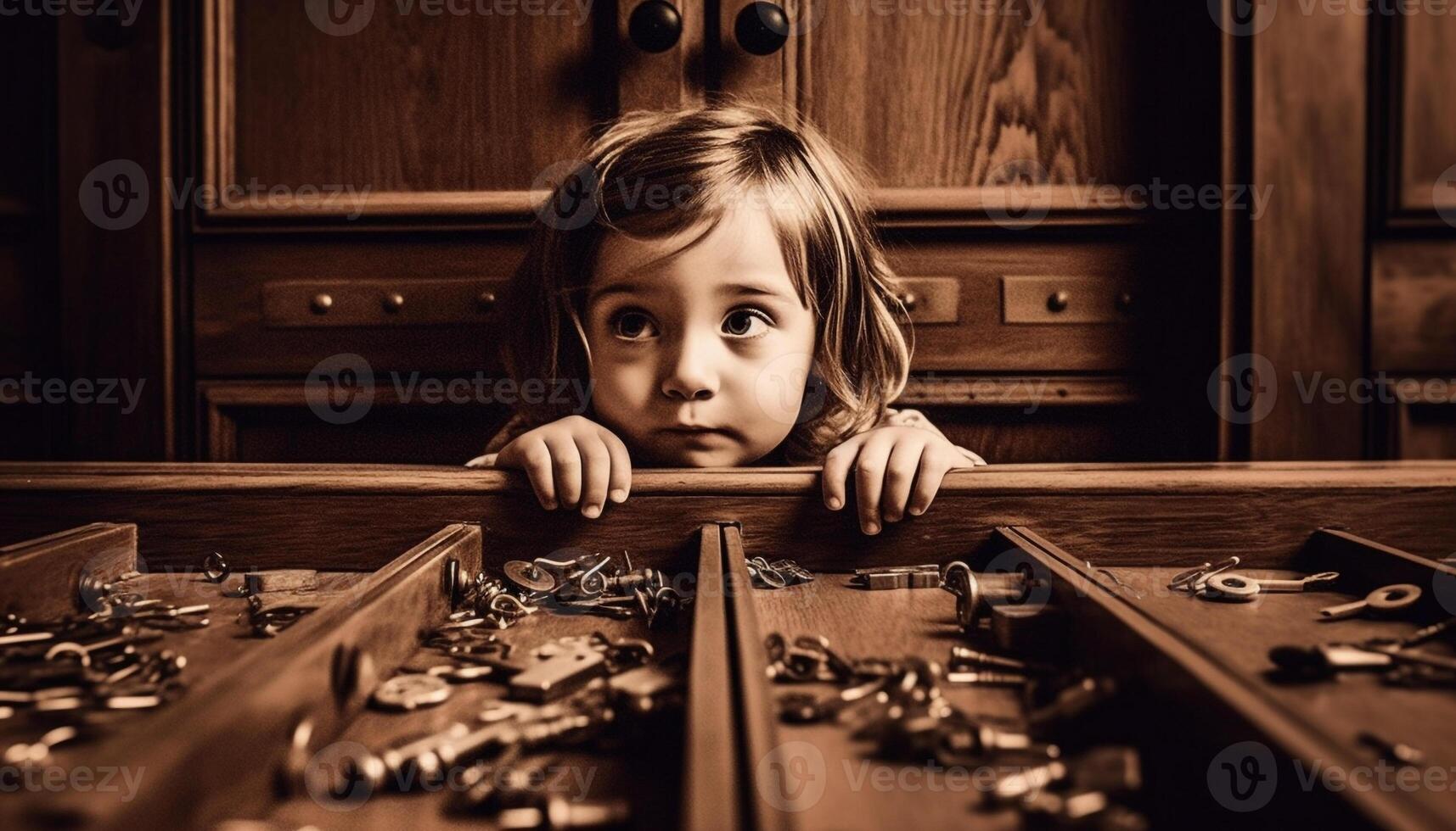 Cute Caucasian boy smiling, holding wrench, surrounded by carpentry equipment generated by AI photo