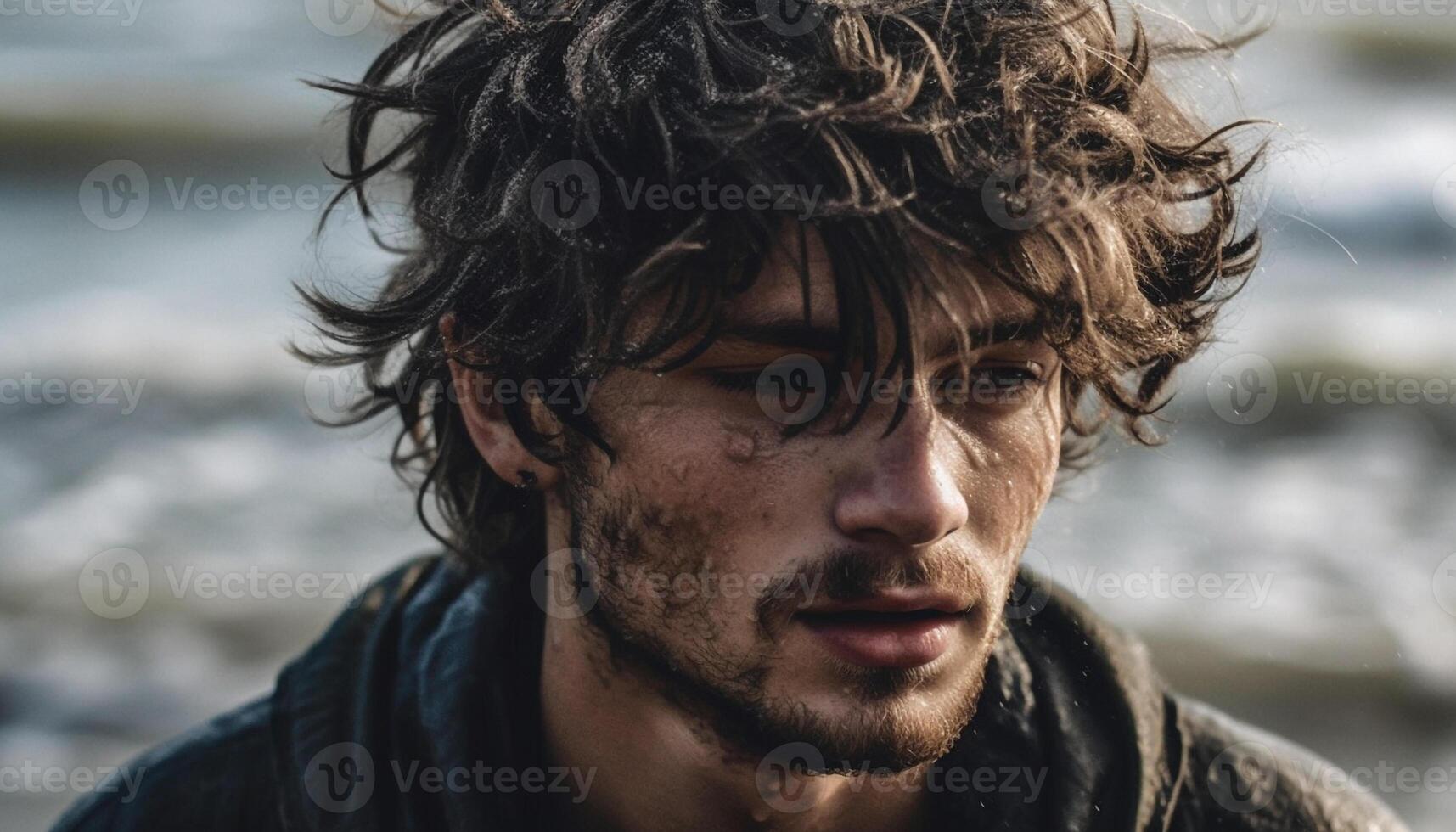 One man looking at camera, wet from water drop adventure generated by AI photo