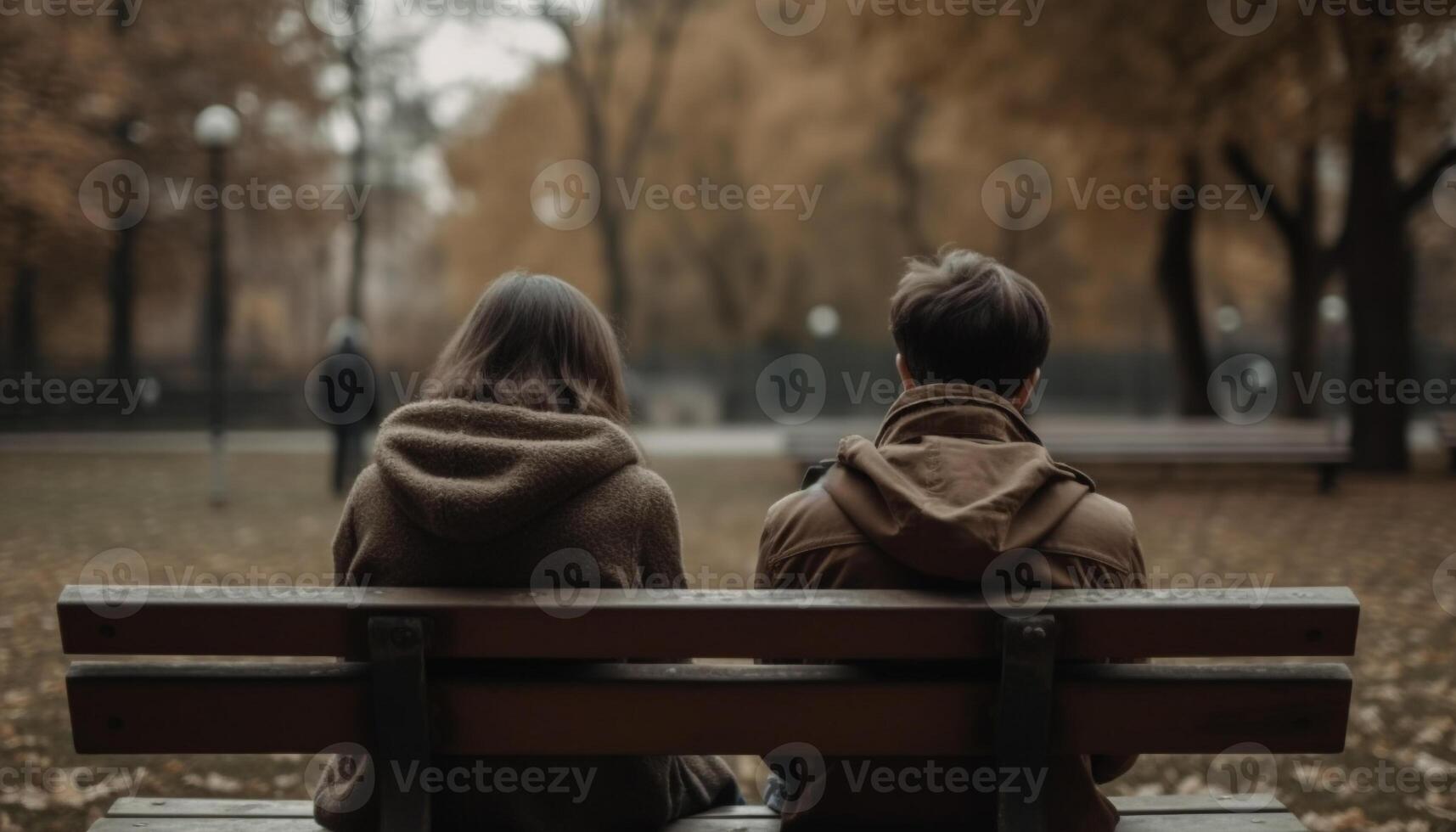 Young couple sitting on bench, embracing, enjoying autumn nature together generated by AI photo