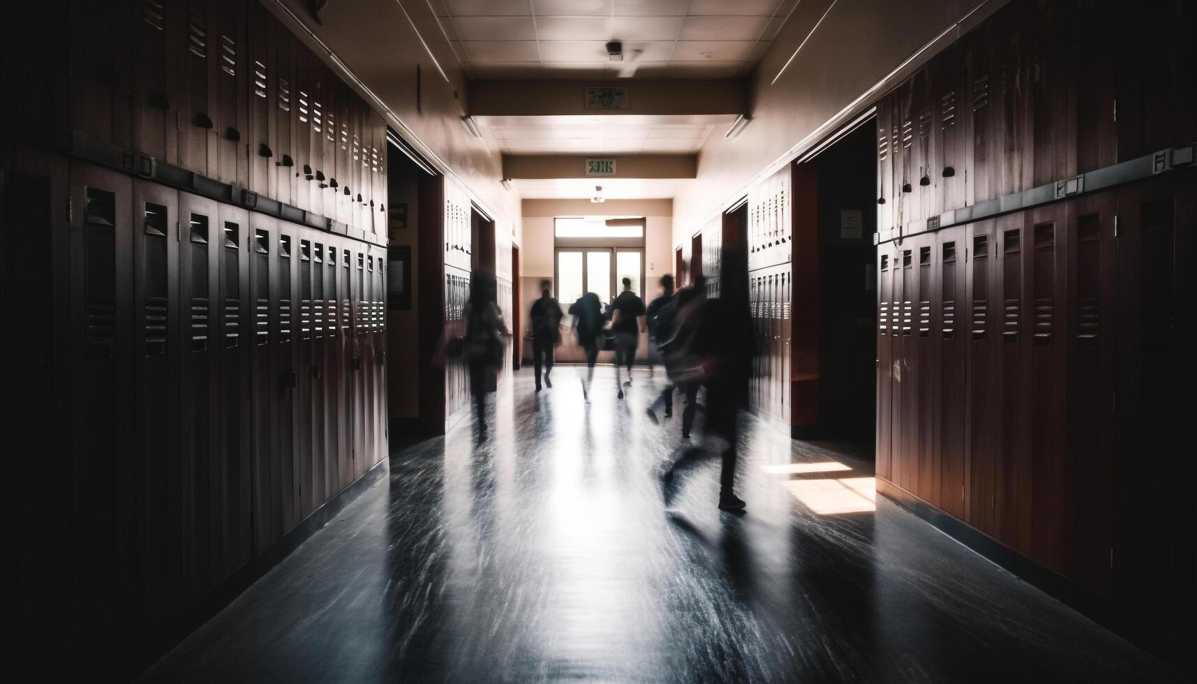 Men walking in blurred motion through modern office corridor generated by AI photo