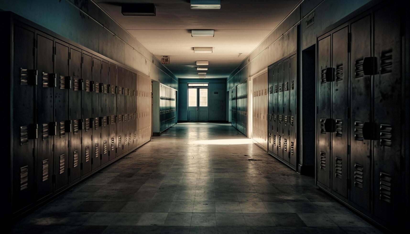 Empty locker room with modern metal lockers in a row generated by AI photo