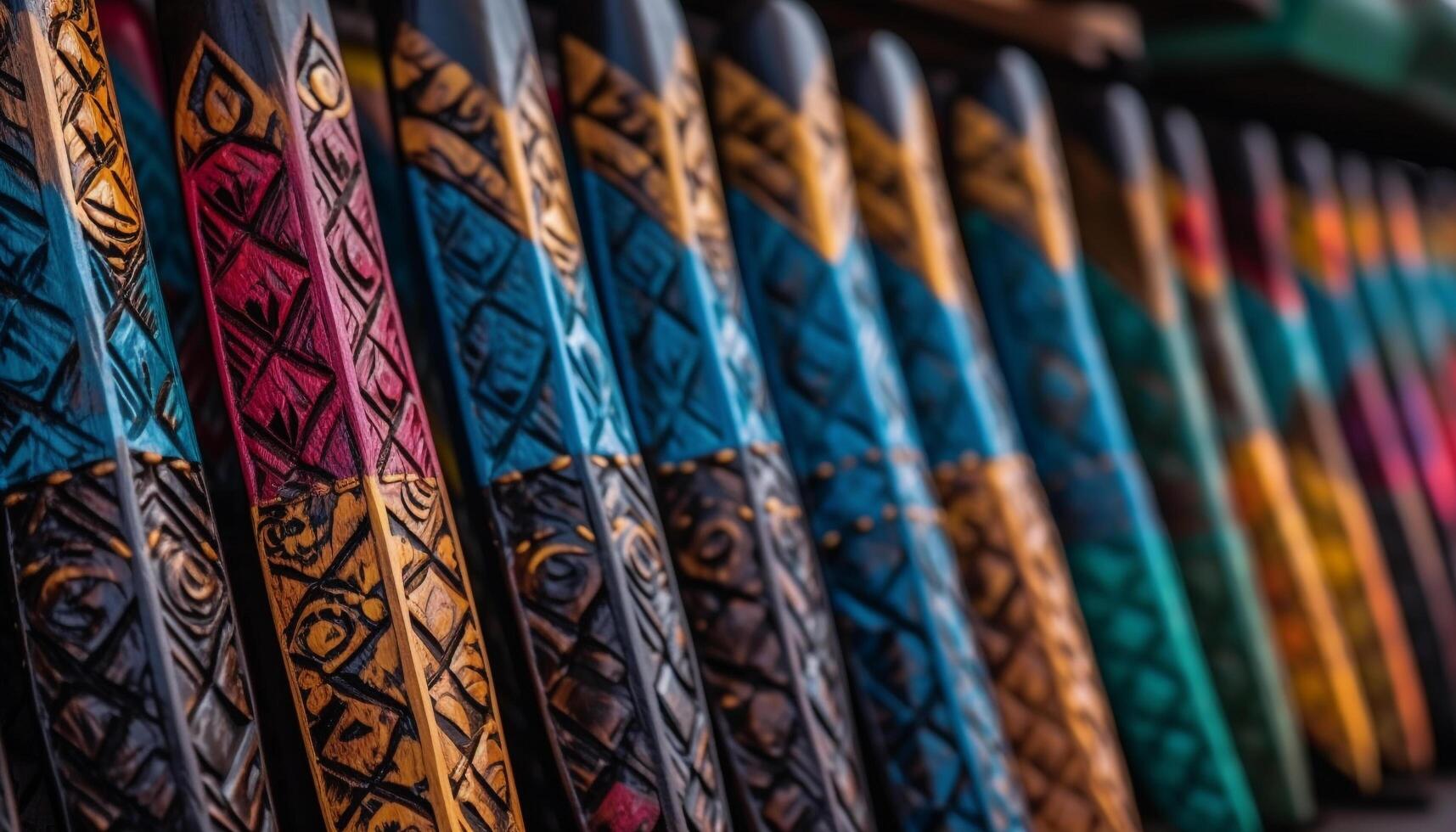Vibrant colors of indigenous culture in a patterned textile collection generated by AI photo