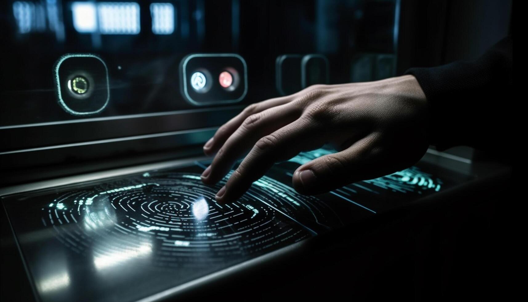 Caucasian thief using computer keyboard for crime, touching fingerprint scanner generated by AI photo