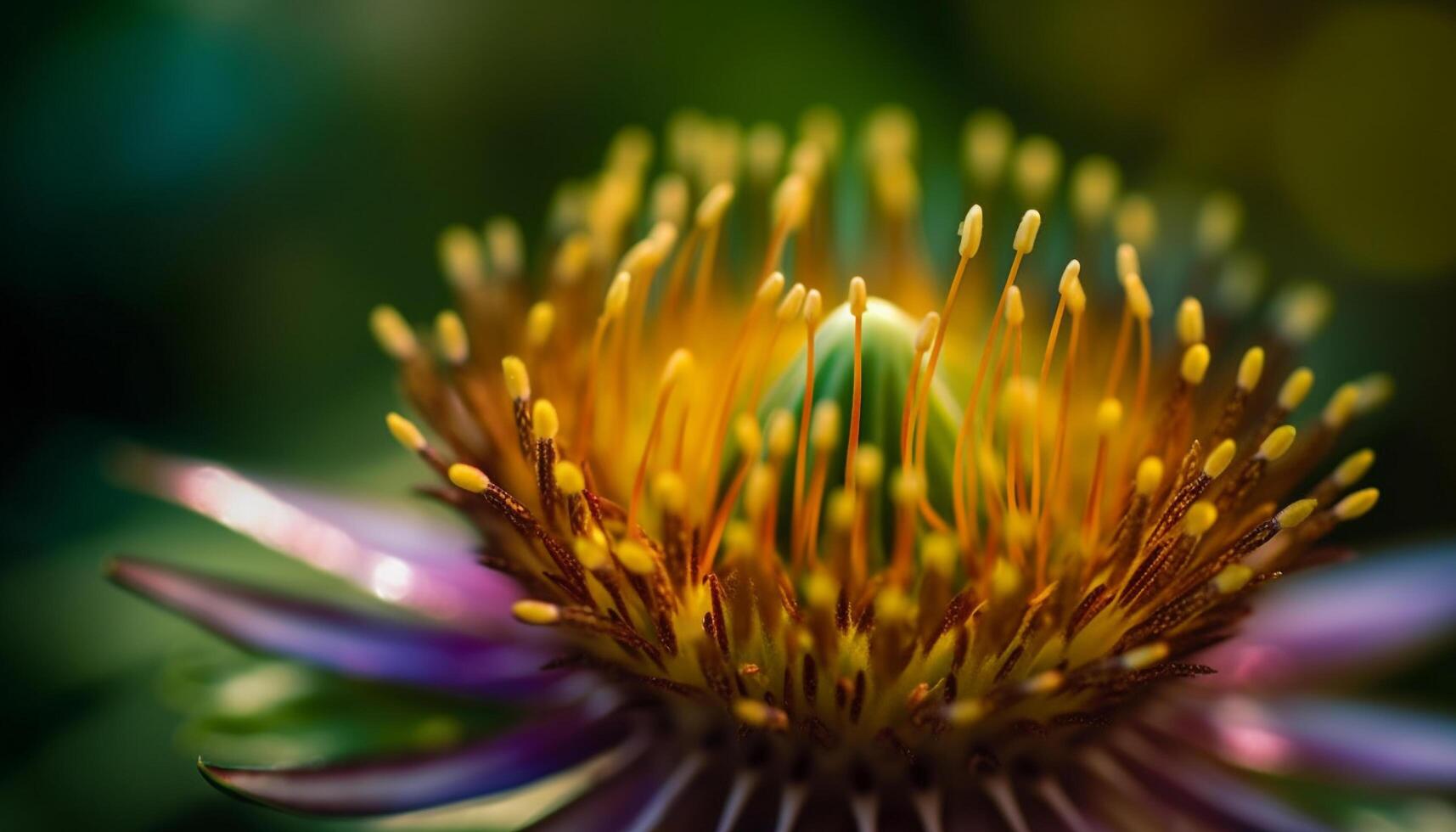 Vibrant daisy blossom in soft focus, pollen attracting busy bee generated by AI photo