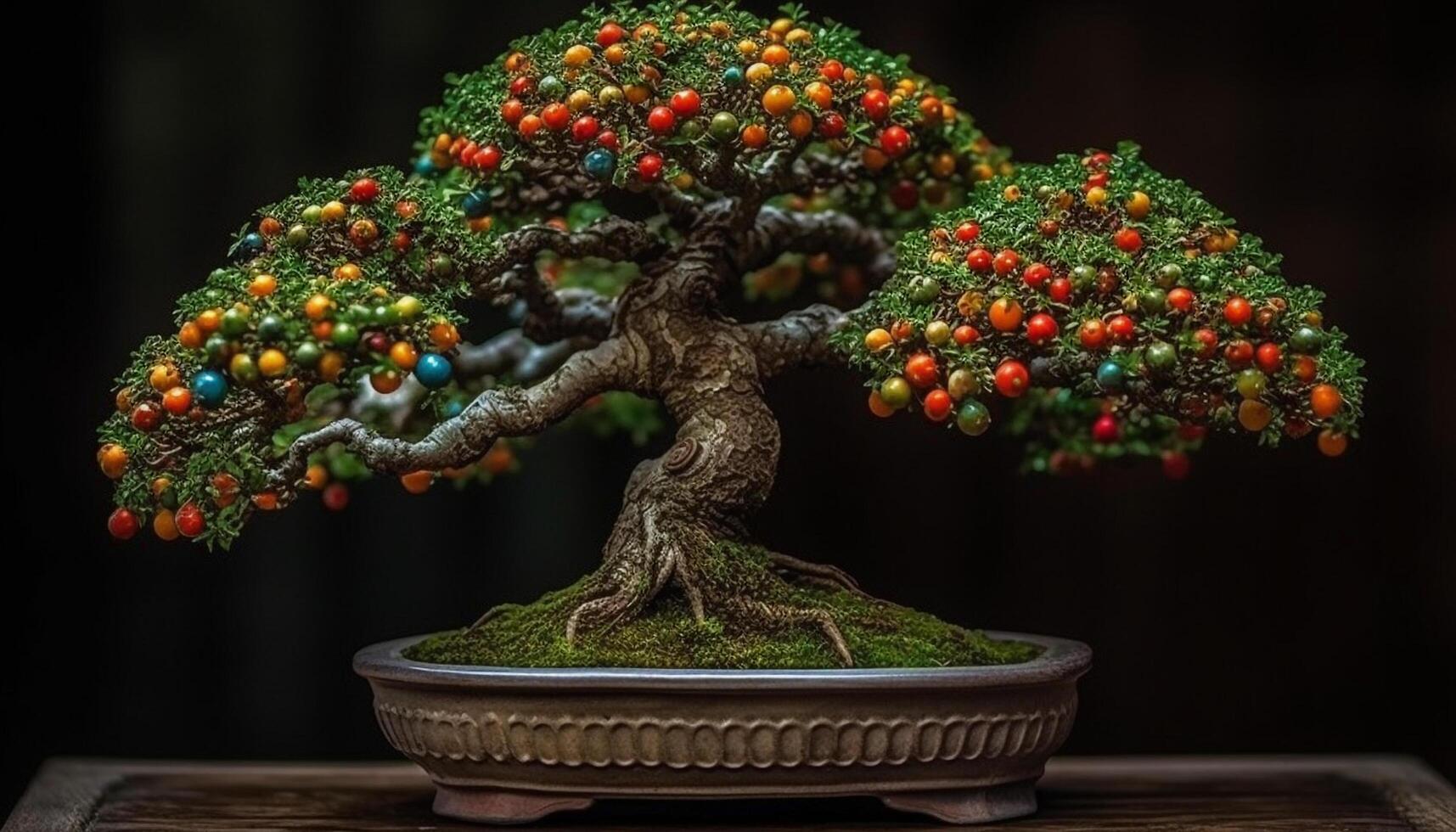 Japanese juniper tree in ornate vase, fresh green decoration generated by AI photo