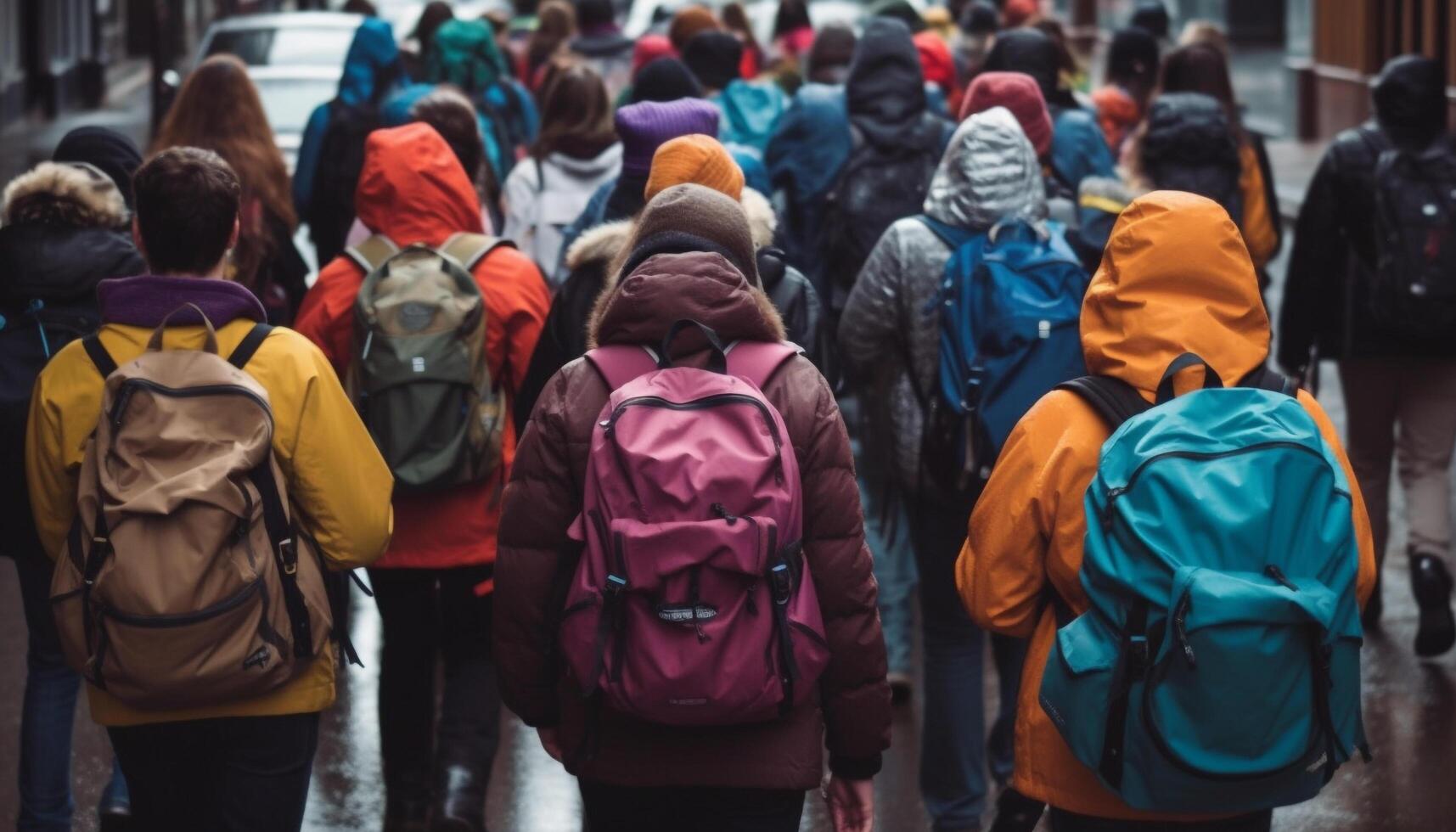 A crowded city footpath, people waiting in warm clothing generated by AI photo