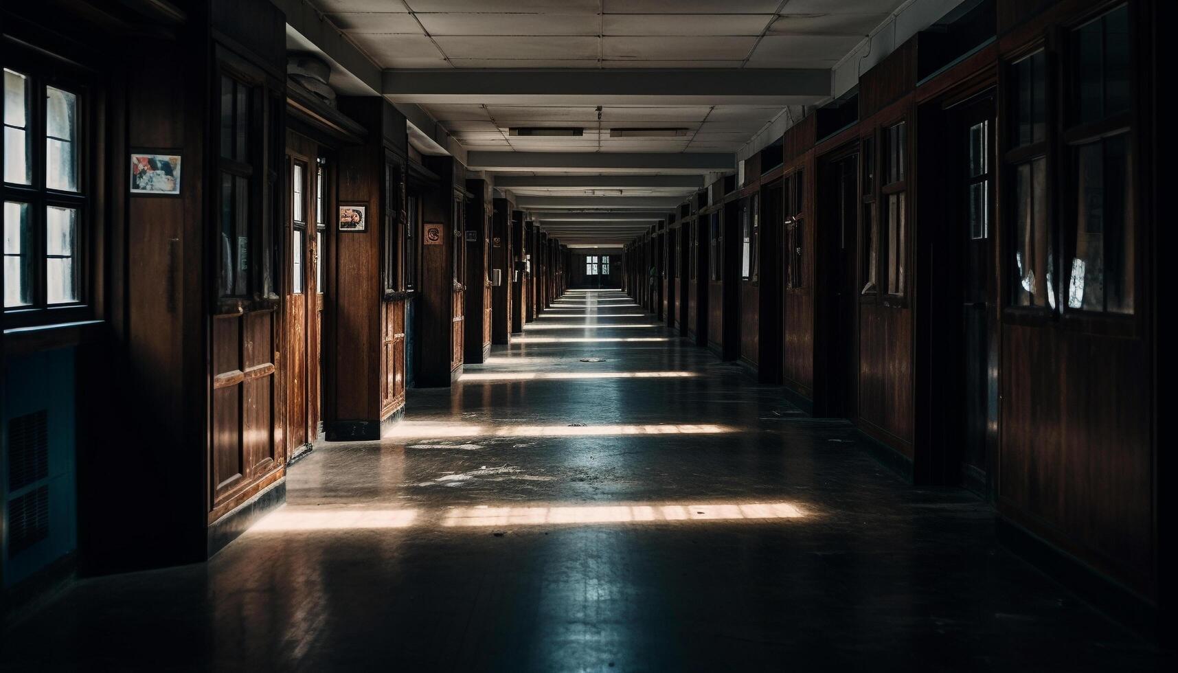 Vanishing point in modern corridor, illuminated by natural reflection generated by AI photo