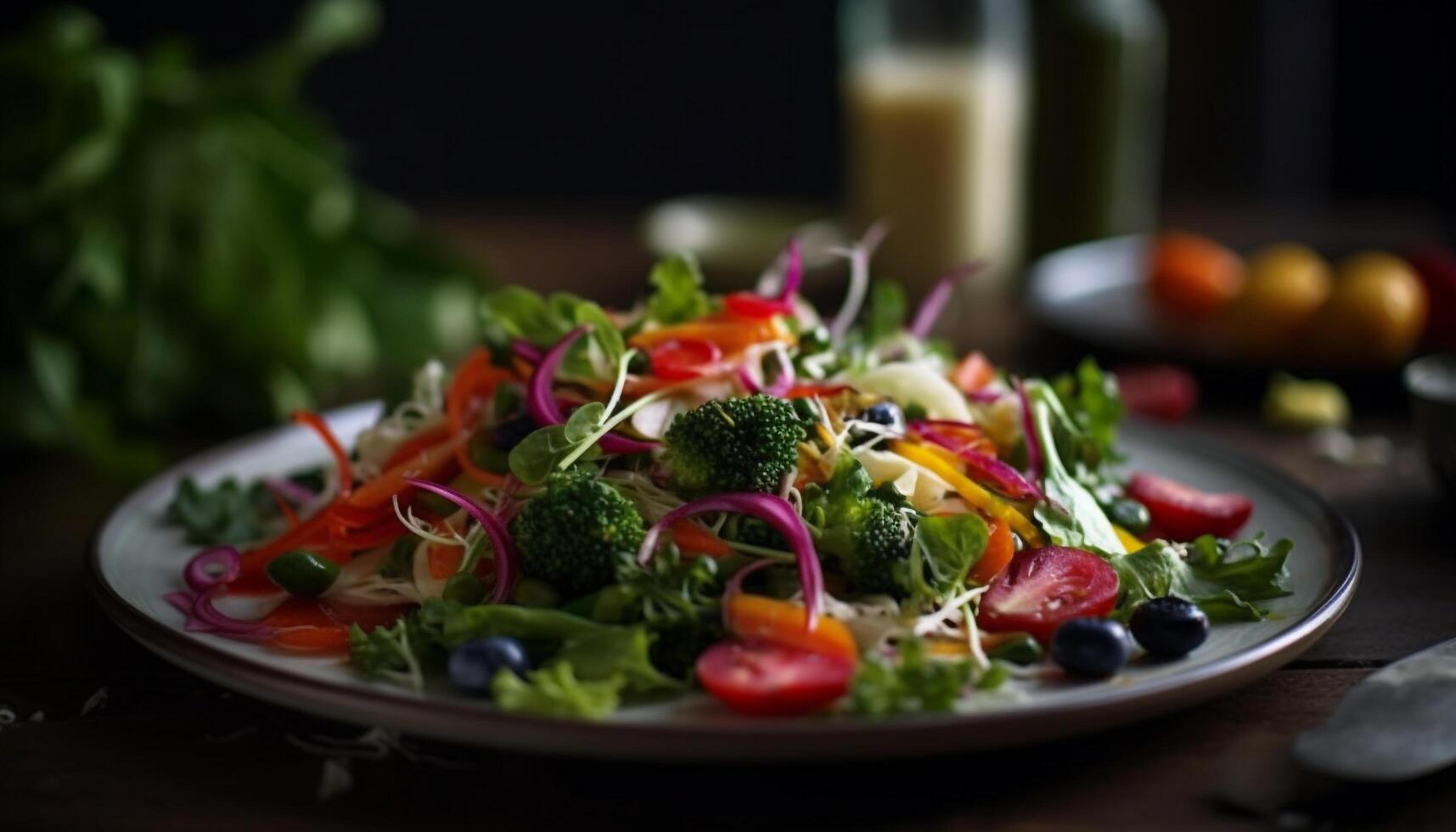 sano ensalada con Fresco vegetales y aceituna petróleo vendaje generado por ai foto