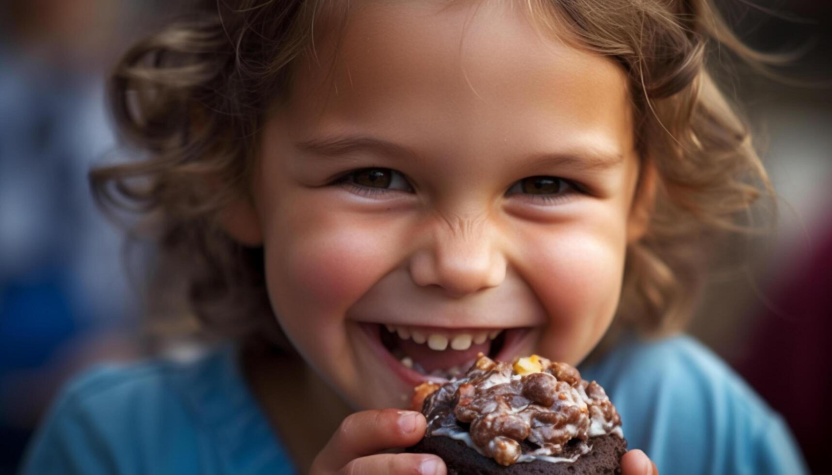 Cute girl enjoying chocolate snack, smiling with toothy joy generated by AI photo