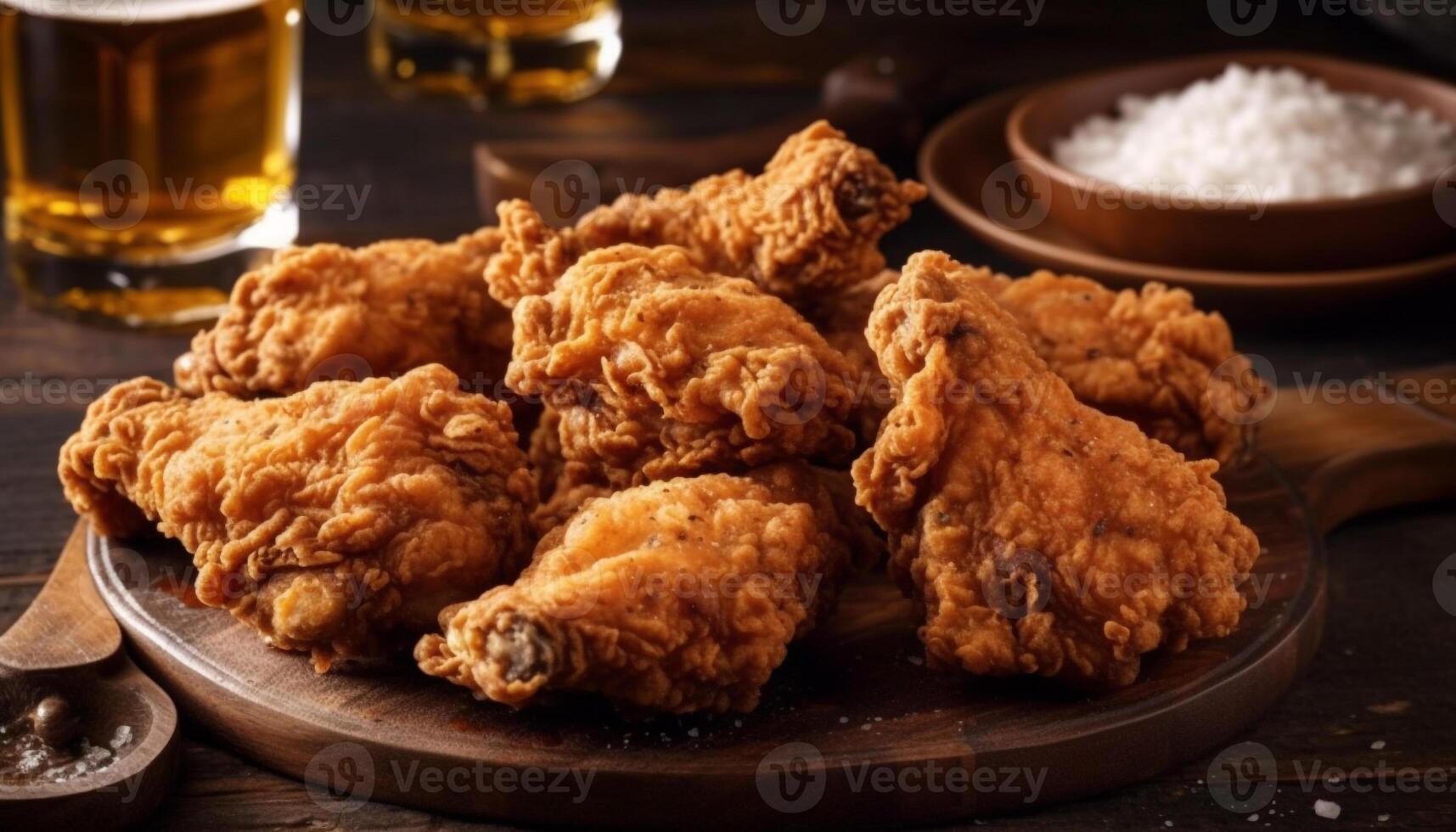 Fried chicken leg on rustic plate, unhealthy pub snack option generated by AI photo