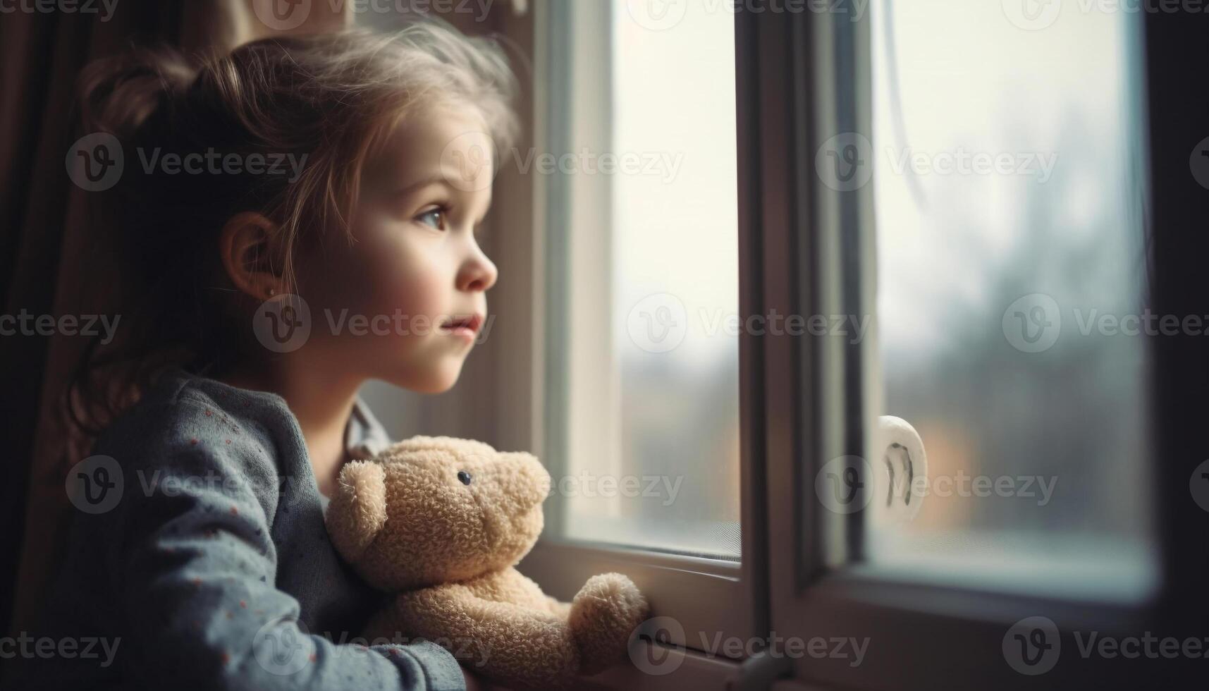 Cute toddler girl looking through window with teddy bear toy generated by AI photo
