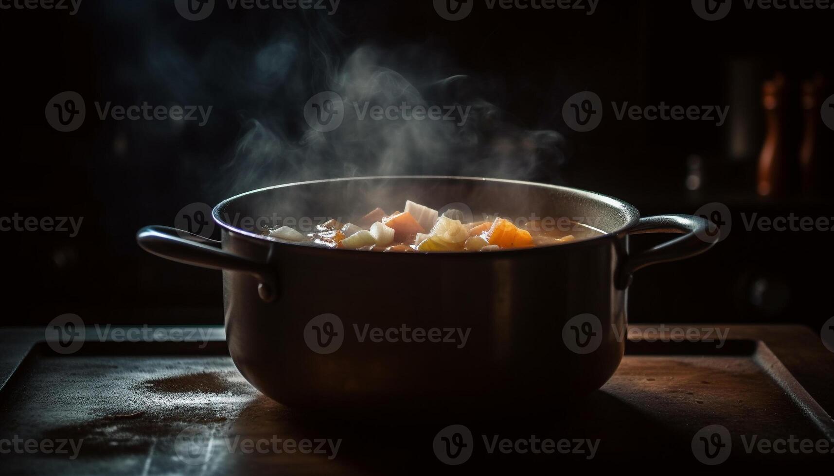 Healthy vegetarian stew cooked on rustic stove top burner generated by AI photo