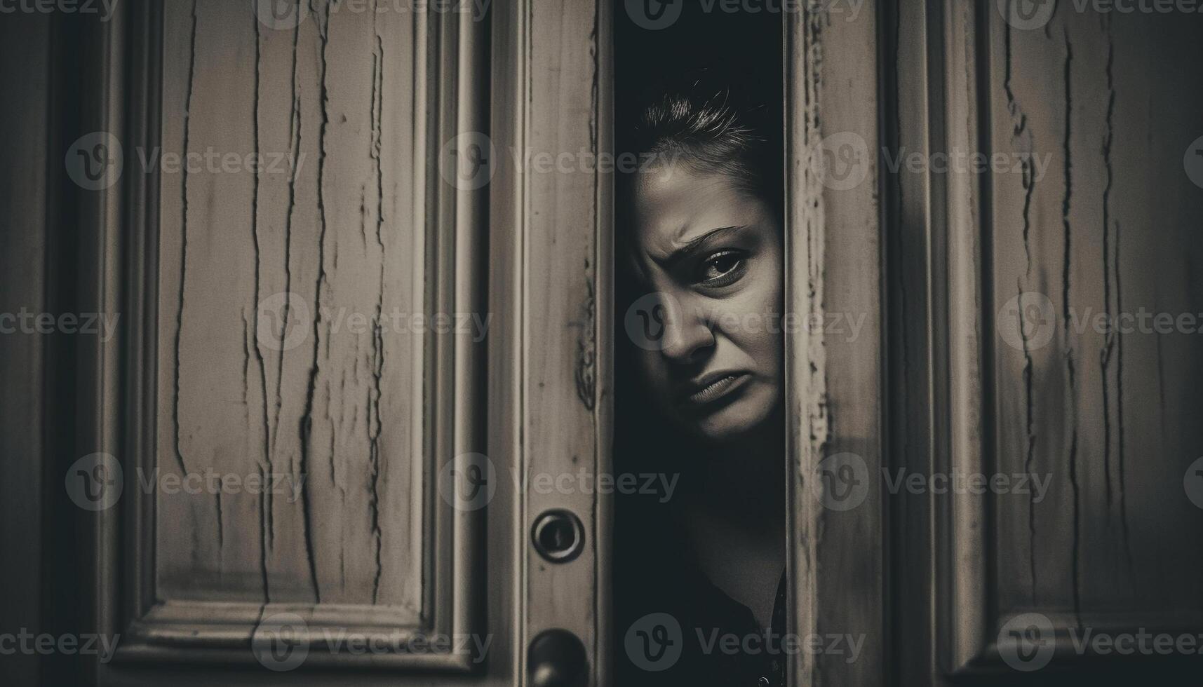 Young woman, elegance and beauty, looking through window with sadness generated by AI photo