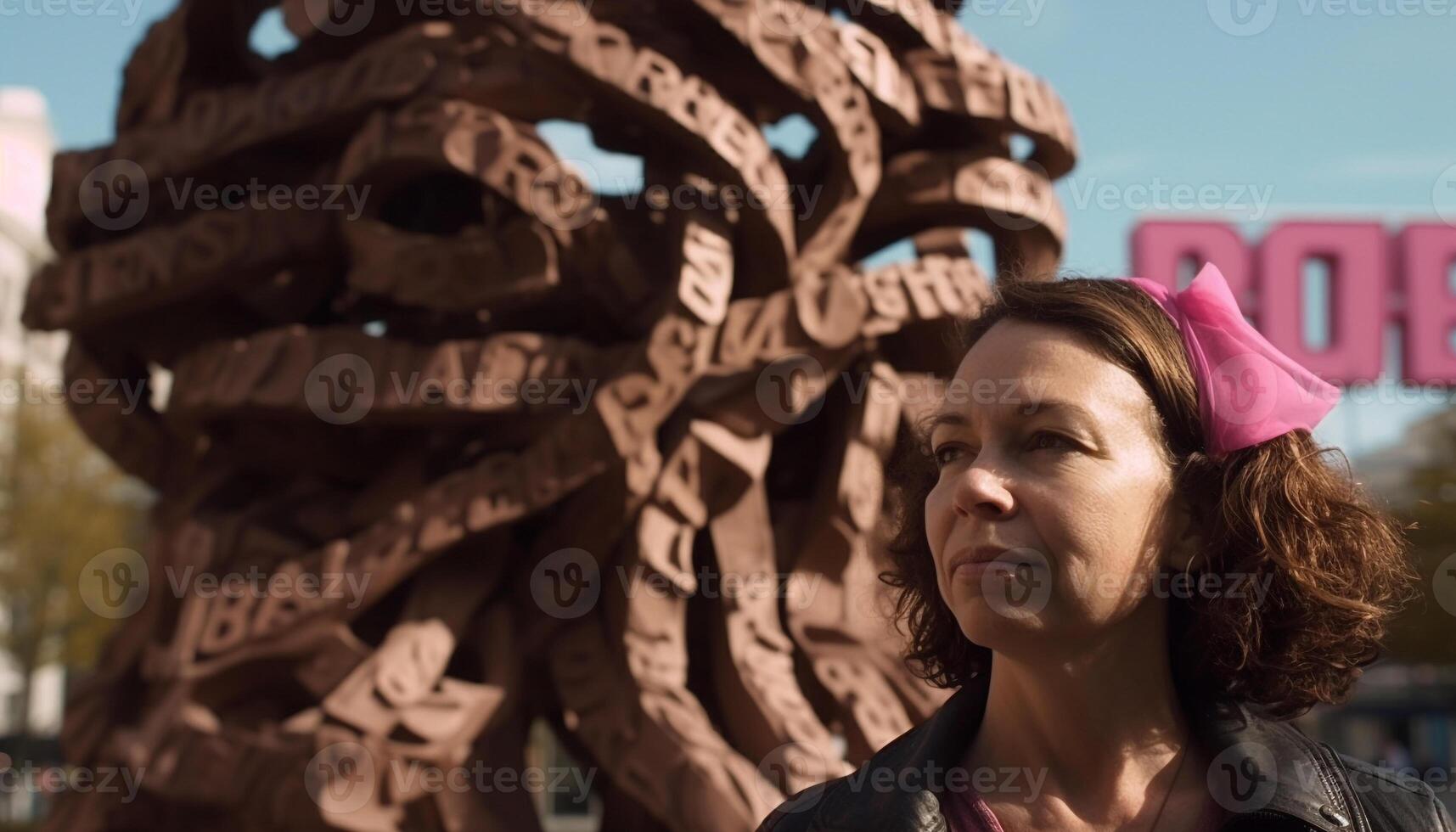 One young woman standing, looking away, with brown hair generated by AI photo