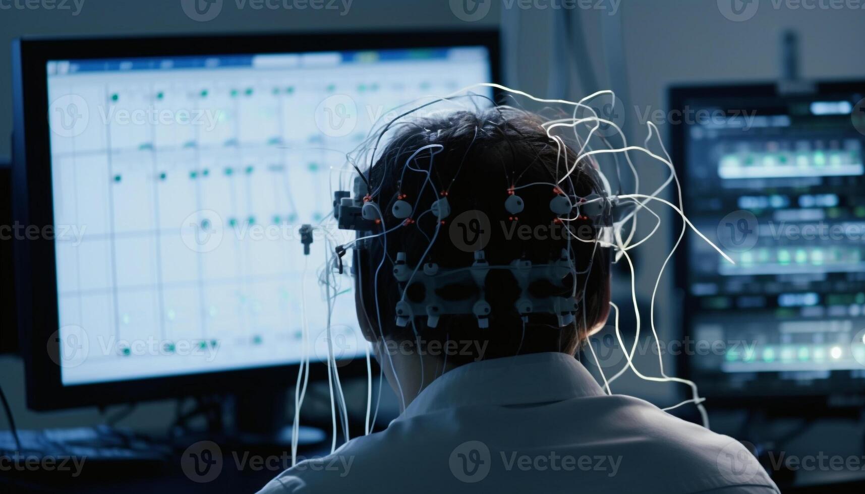 Young adult programmer working indoors on glowing computer network development generated by AI photo