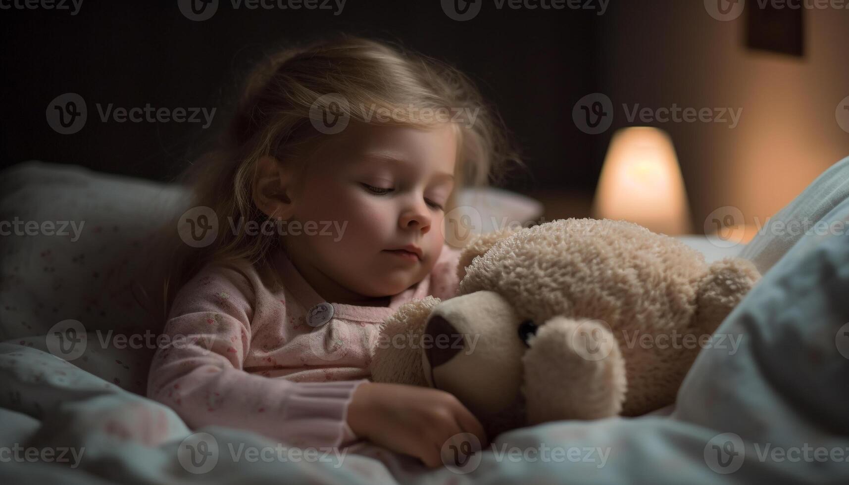 Cute Caucasian girl playing with teddy bear in comfortable bedroom generated by AI photo