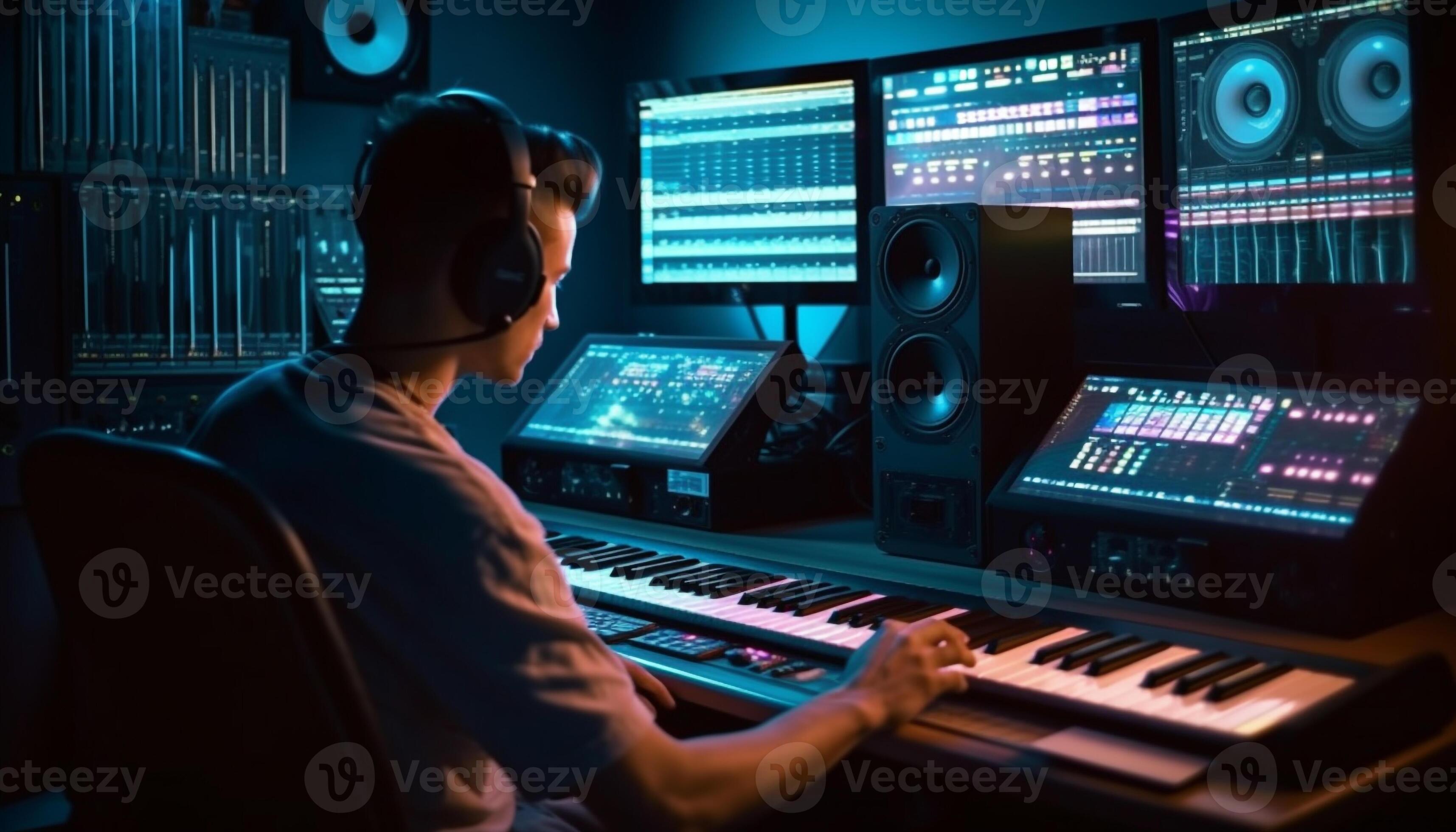 One skilled sound engineer mixing music in illuminated recording studio